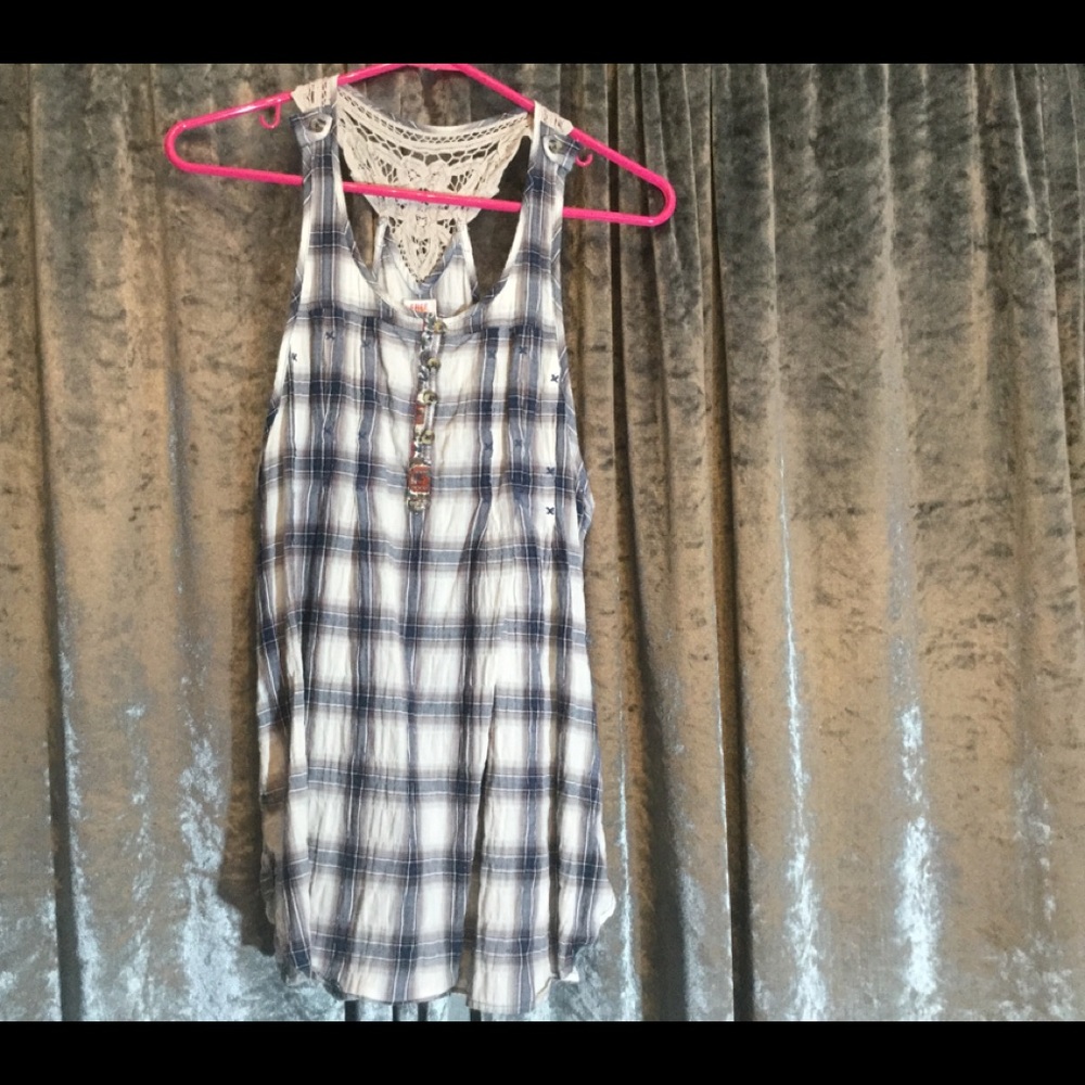 Free People Tank Tunic Sear Sucker Tie Back Lace 8